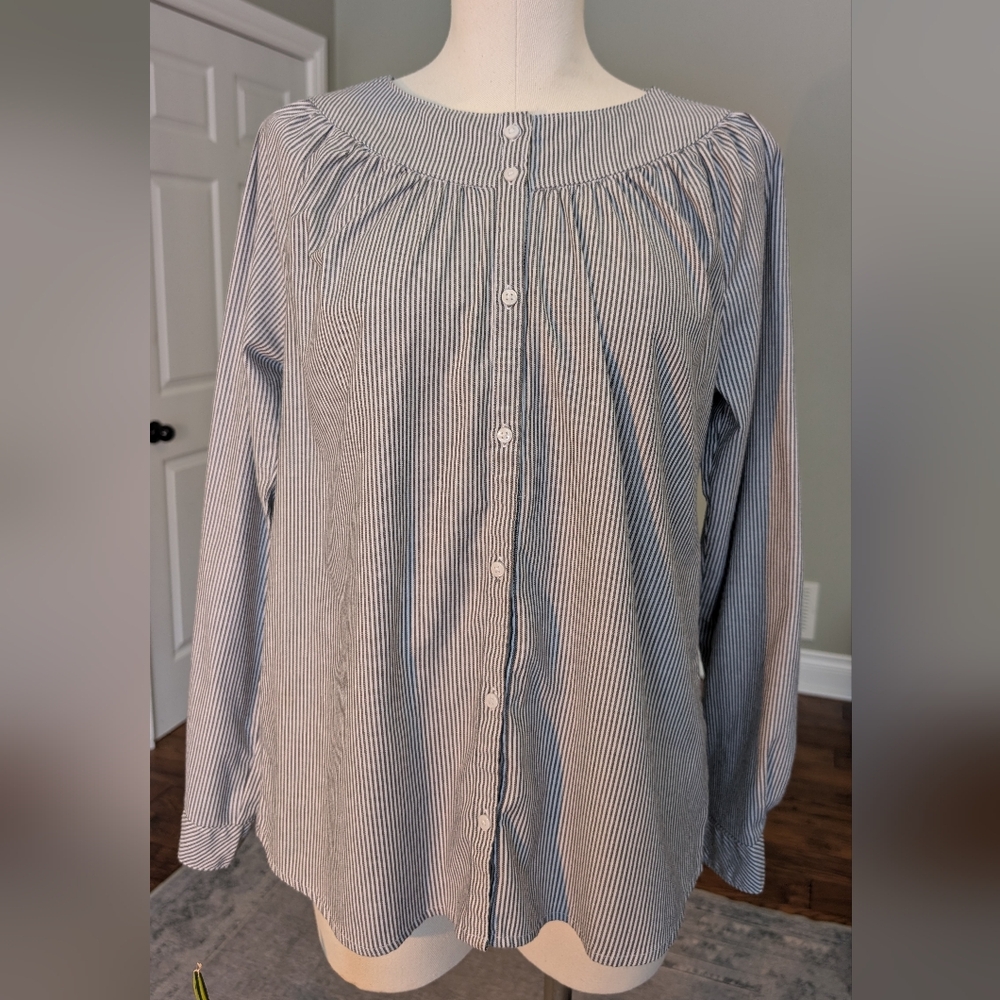 Riders by Lee Women’s Shirt Grey White Striped Cotton Blend Button-Up Size L